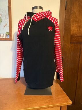 AMPERSAND AVE Black Hoodie with Red & White Striped Sleeves
